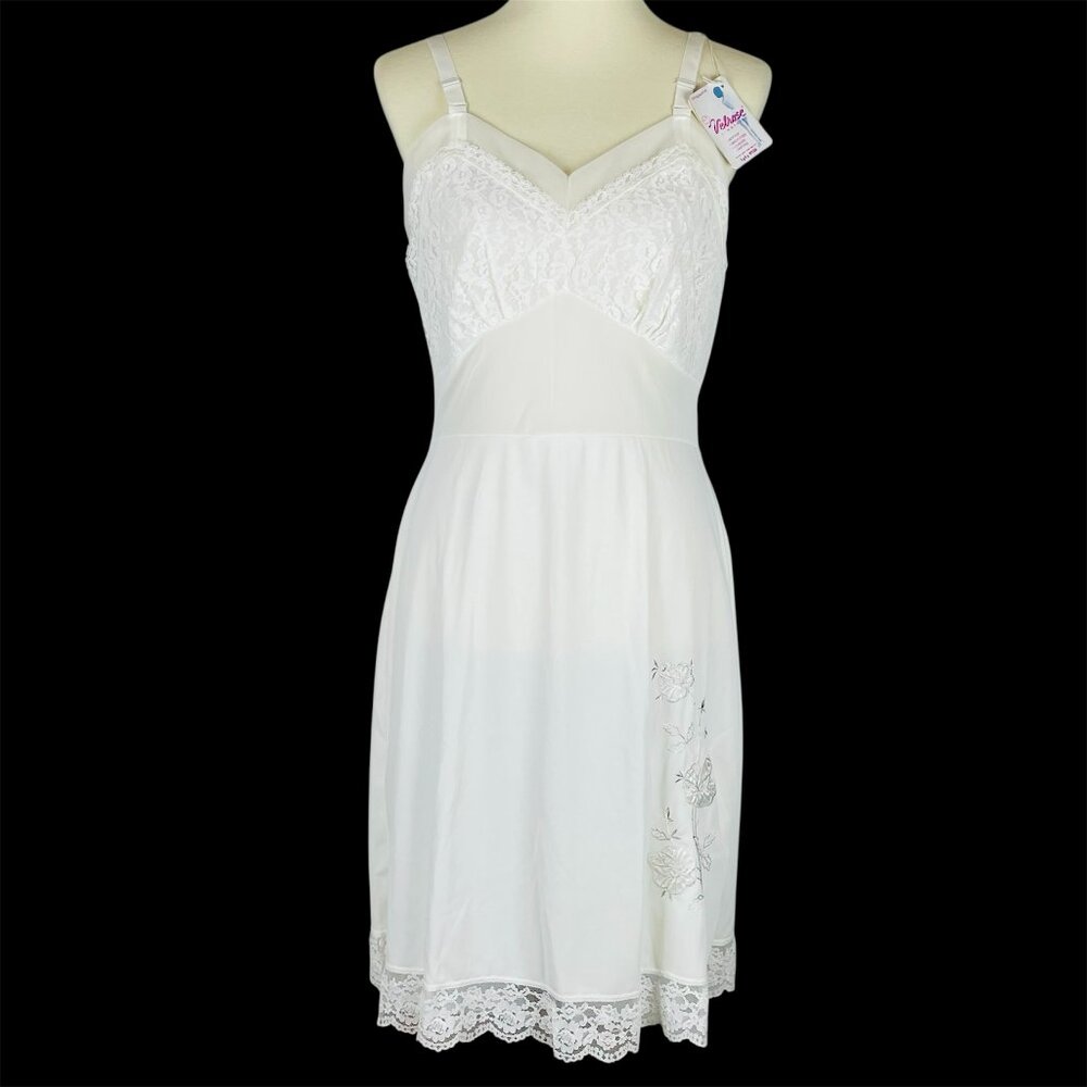 NOS Vtg Velrose White Slip Dress Sz 36 Lingerie Sheer Floral Embroidered Lace